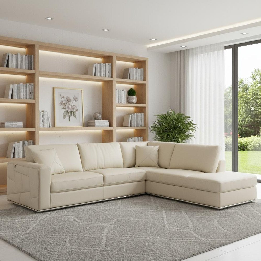 Beige Italian Leather Reclining L Shaped Two Piece Corner Sectional