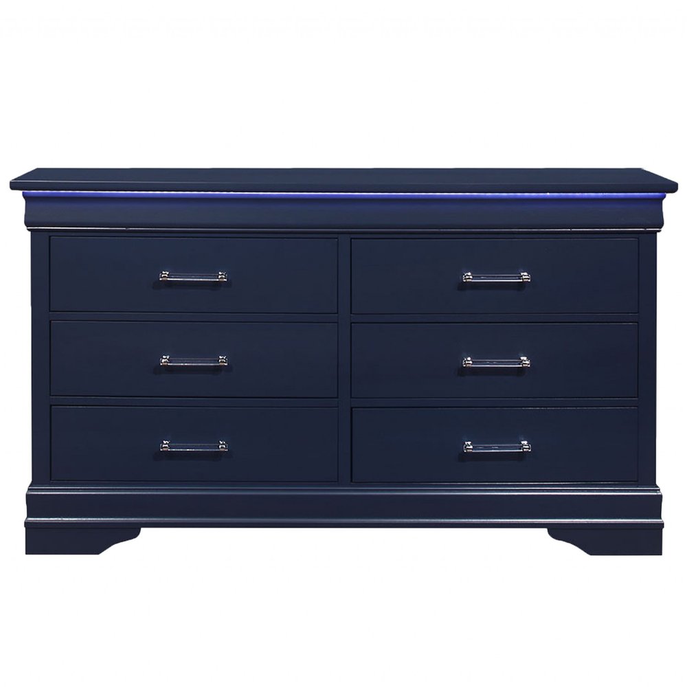 Blue Solid Wood Lighted Six Drawer Double Dresser - 59-inch