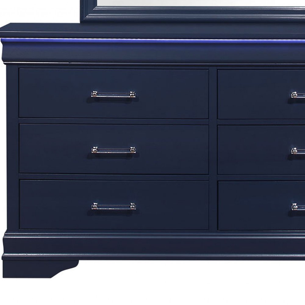 Blue Solid Wood Lighted Six Drawer Double Dresser - 59-inch