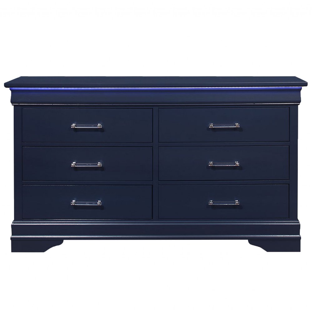 Blue Solid Wood Lighted Six Drawer Double Dresser - 59-inch