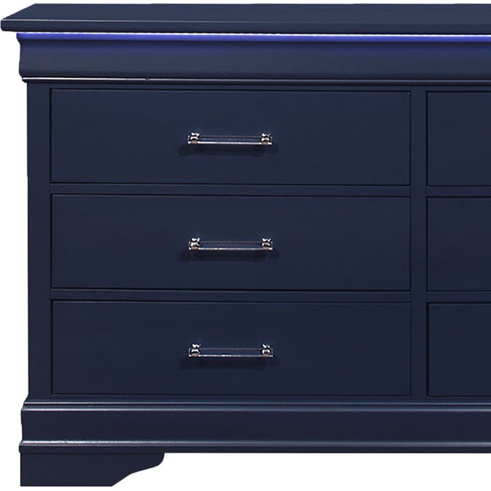 Blue Solid Wood Lighted Six Drawer Double Dresser - 59-inch