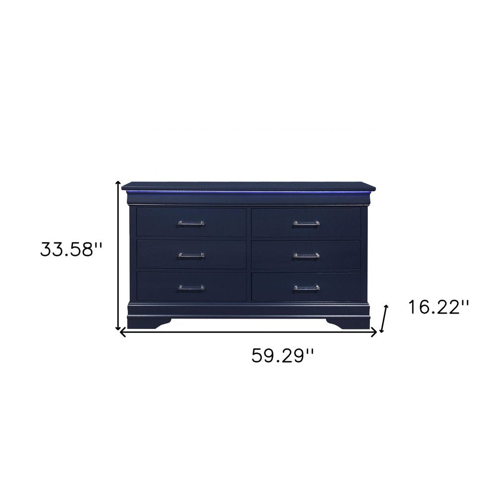 Blue Solid Wood Lighted Six Drawer Double Dresser - 59-inch