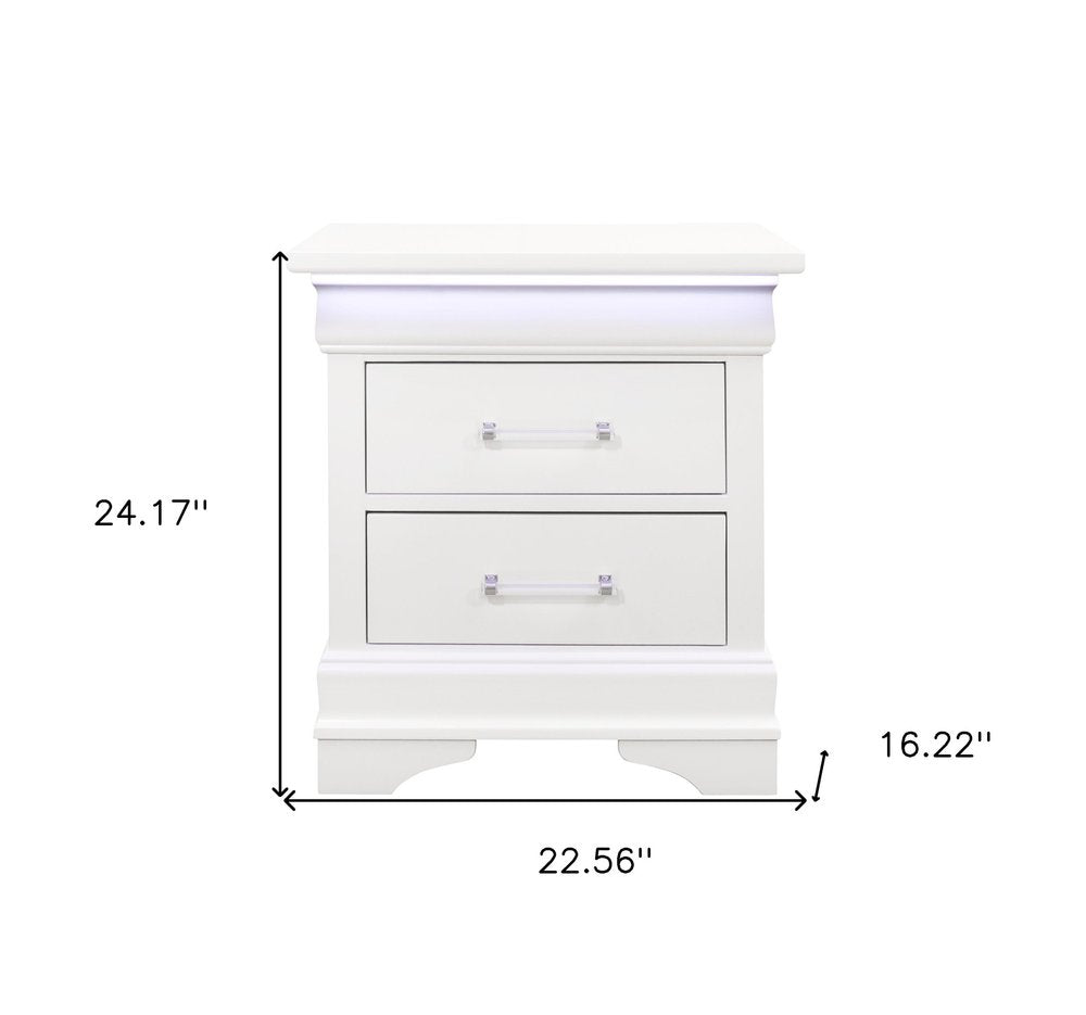 White Wood Lighted Two Drawer Nightstand - 24-inch