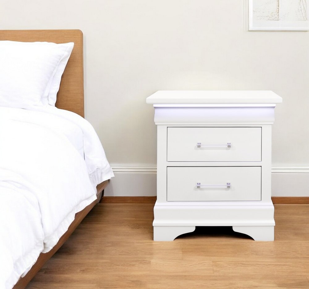 White Wood Lighted Two Drawer Nightstand - 24-inch