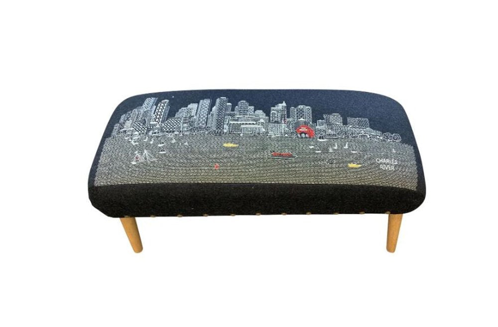 Black and Natural Boston Night Skyline Embroidered Ottoman - 38-inch