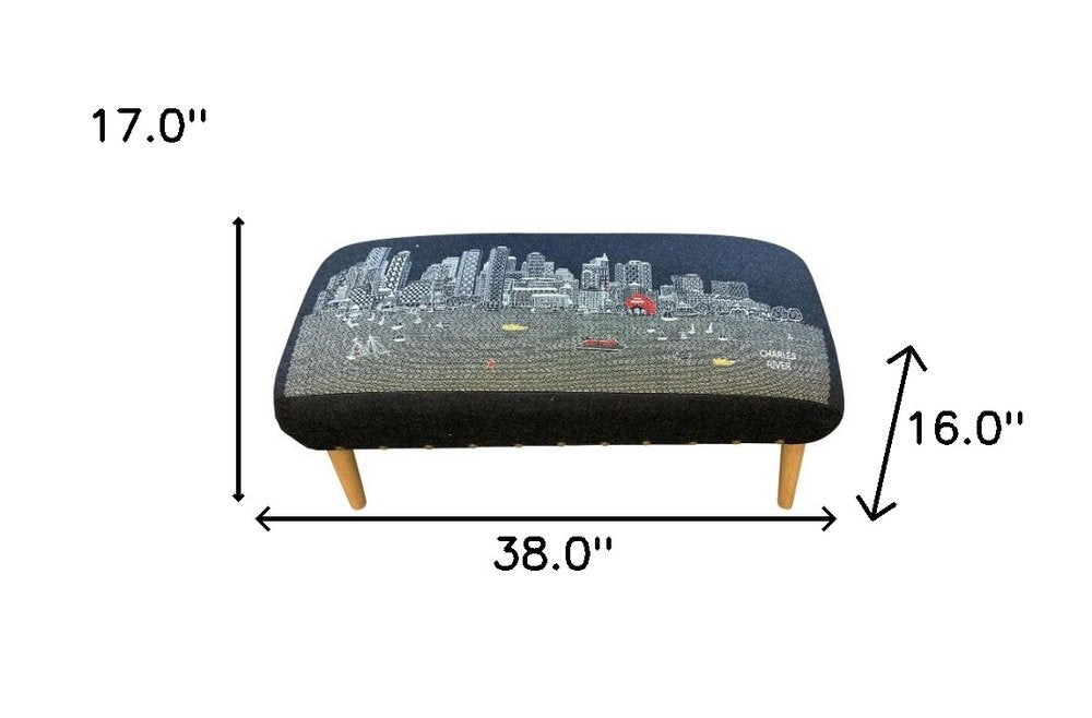 Black and Natural Boston Night Skyline Embroidered Ottoman - 38-inch