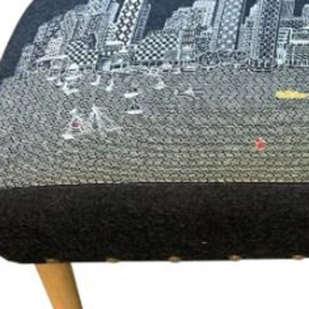 Black and Natural Boston Night Skyline Embroidered Ottoman - 38-inch