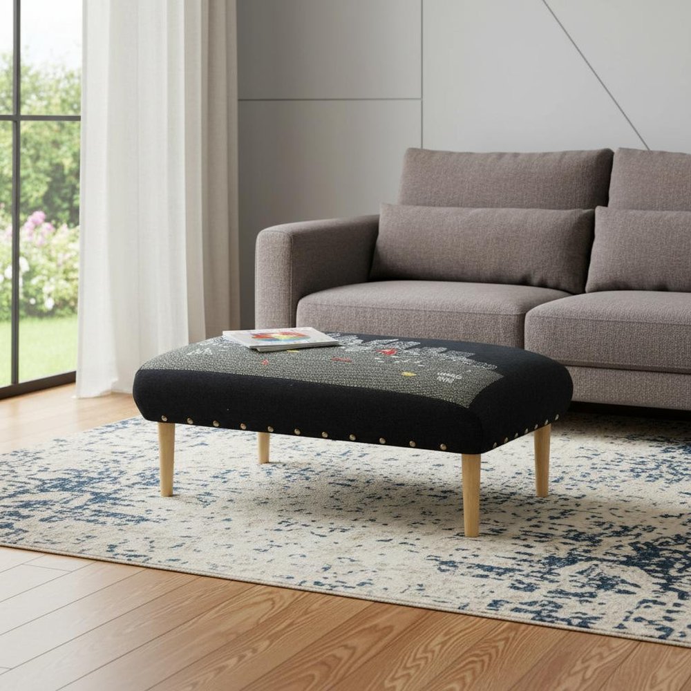 Black and Natural Boston Night Skyline Embroidered Ottoman - 38-inch