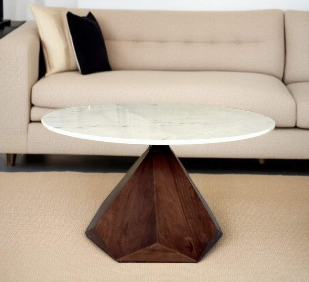Brown and White Solid Wood and Marble Geo Coffee Table - 32-inch
