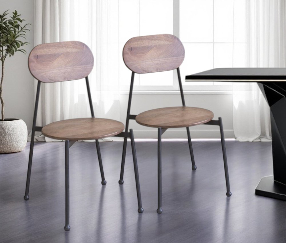 Set of Two Brown and Black Metal and Wood King Louis Back Dining Side Chairs