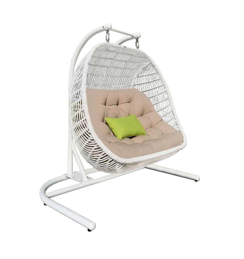 Beige and White Metal Indoor Outdoor Swing Chair with Beige Cushion