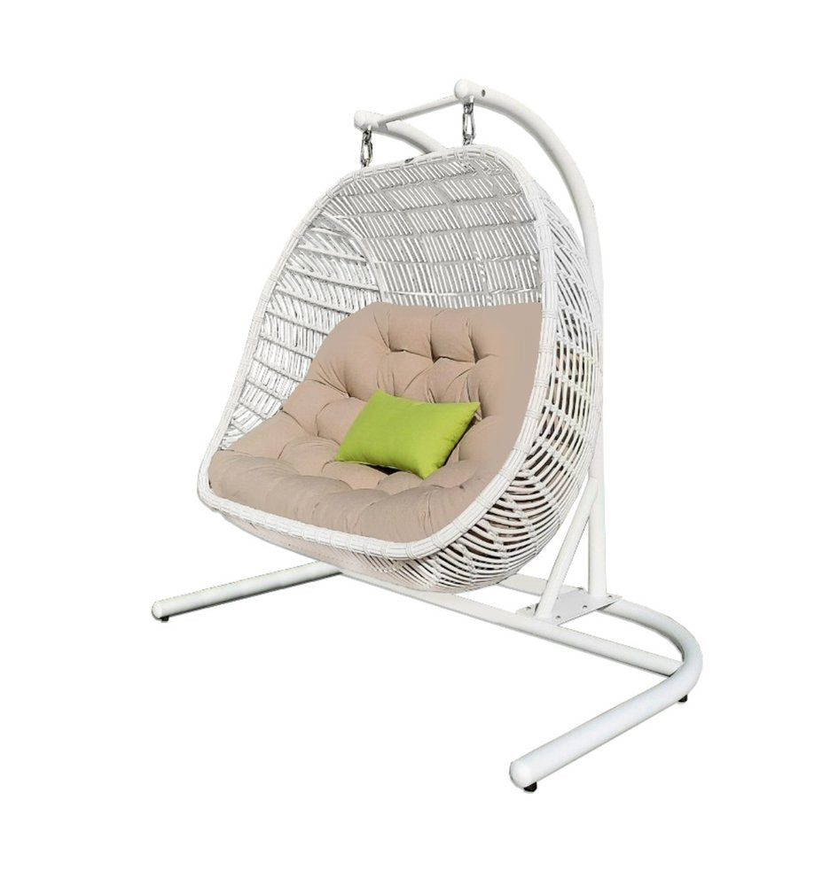 Beige and White Metal Indoor Outdoor Swing Chair with Beige Cushion
