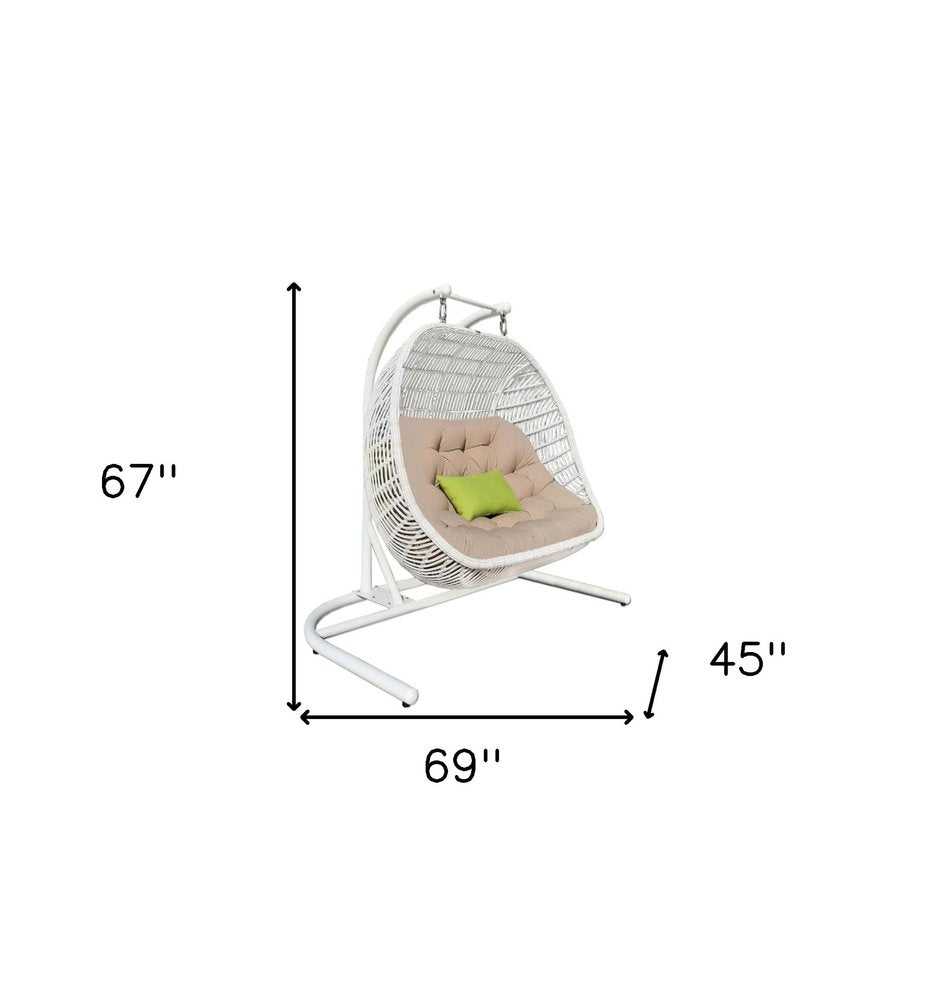 Beige and White Metal Indoor Outdoor Swing Chair with Beige Cushion