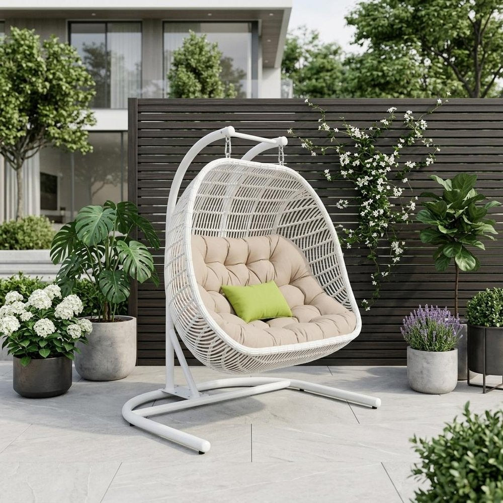Beige and White Metal Indoor Outdoor Swing Chair with Beige Cushion