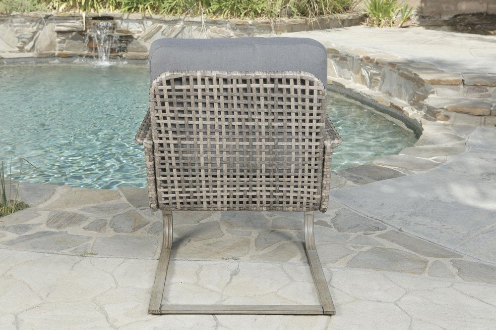 Five Piece Gray and Moss Green Wicker Upholstered Cushions Outdoor Patio Set with Fire Pit and Table