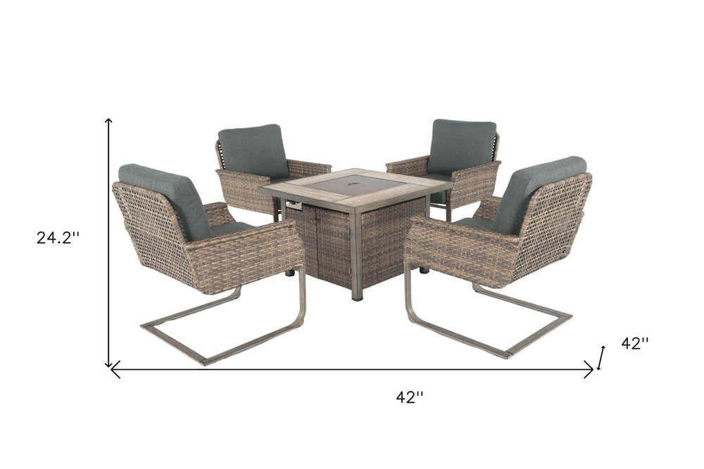 Five Piece Gray and Moss Green Wicker Upholstered Cushions Outdoor Patio Set with Fire Pit and Table