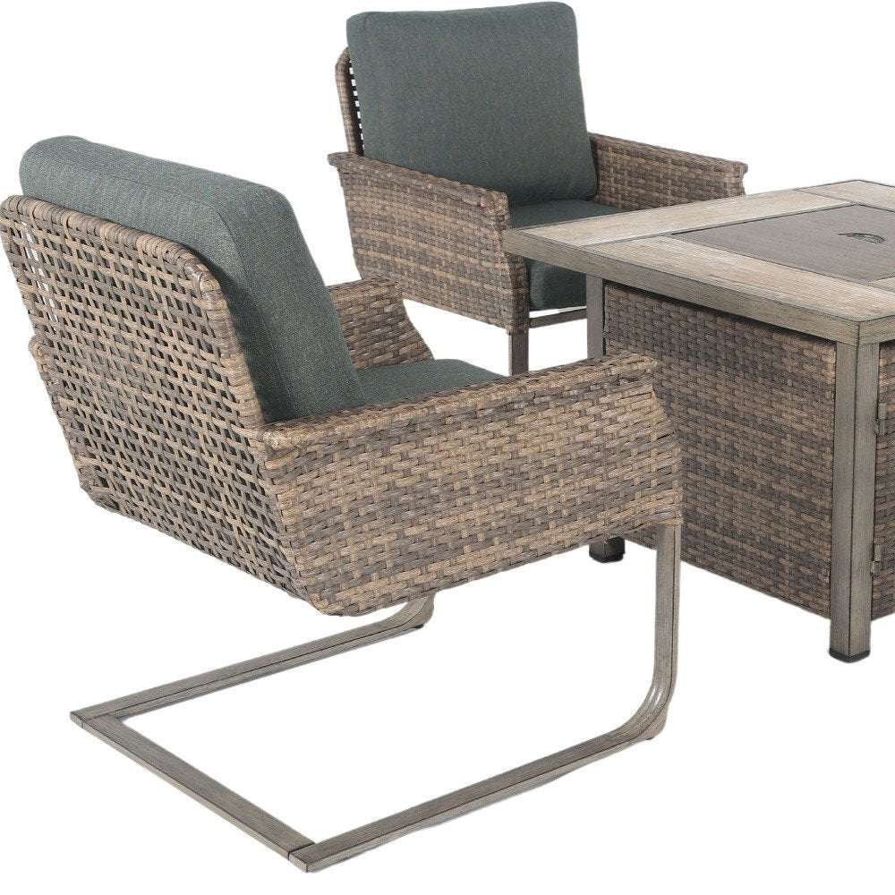 Five Piece Gray and Moss Green Wicker Upholstered Cushions Outdoor Patio Set with Fire Pit and Table