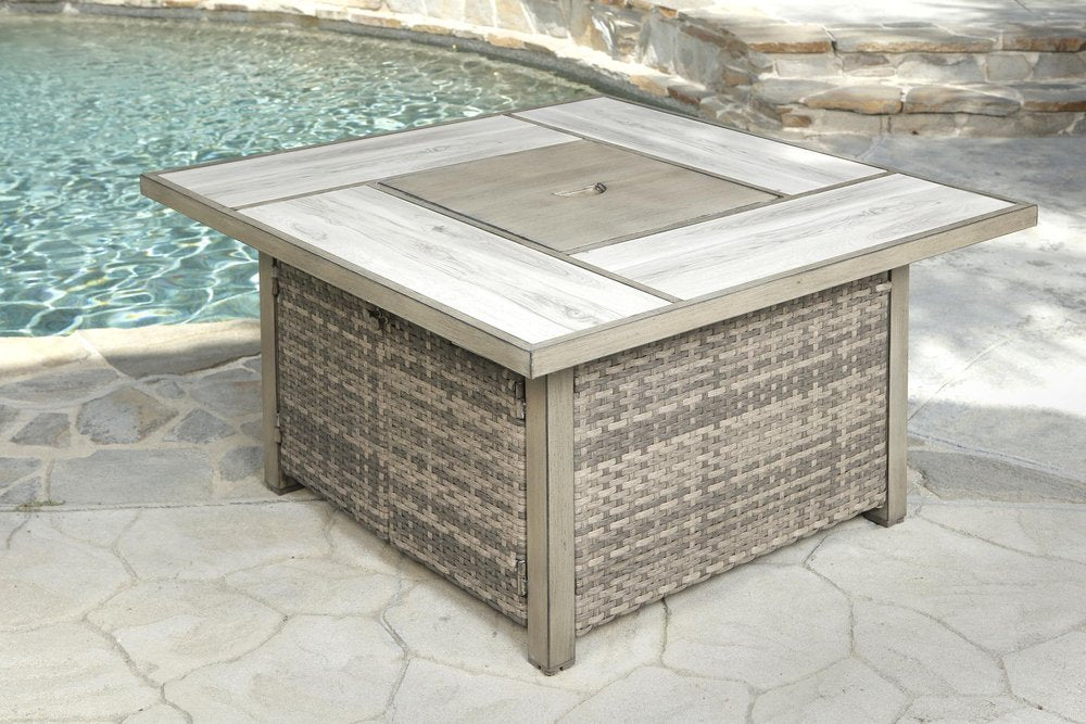 Five Piece Gray and Moss Green Wicker Upholstered Cushions Outdoor Patio Set with Fire Pit and Table