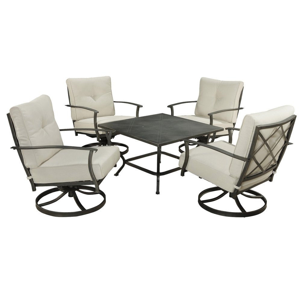 Five Piece Black and Gray Metal Outdoor Patio Set with Table