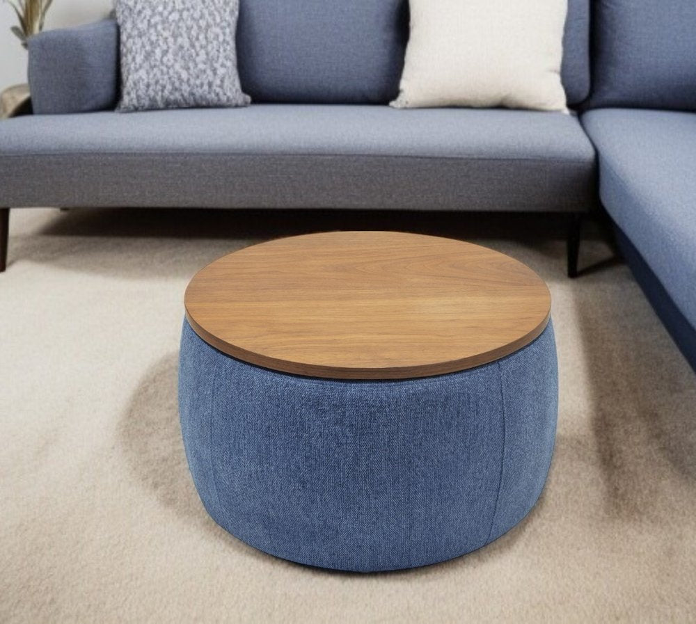 Blue and Brown Fabric and Wood Reversible Tray Top Round Storage Ottoman