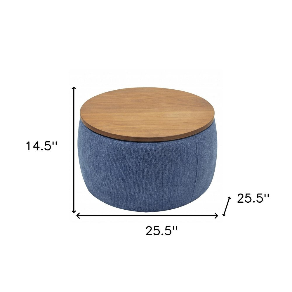 Blue and Brown Fabric and Wood Reversible Tray Top Round Storage Ottoman
