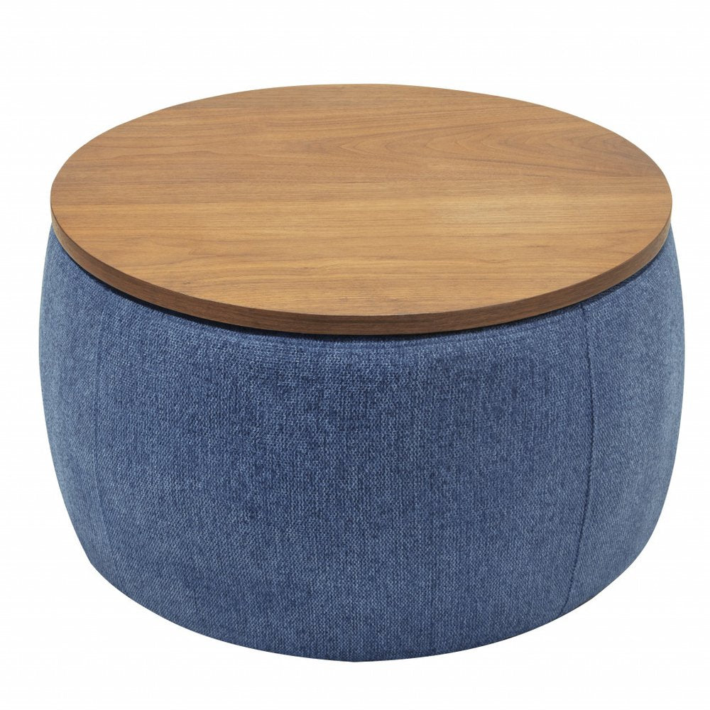 Blue and Brown Fabric and Wood Reversible Tray Top Round Storage Ottoman