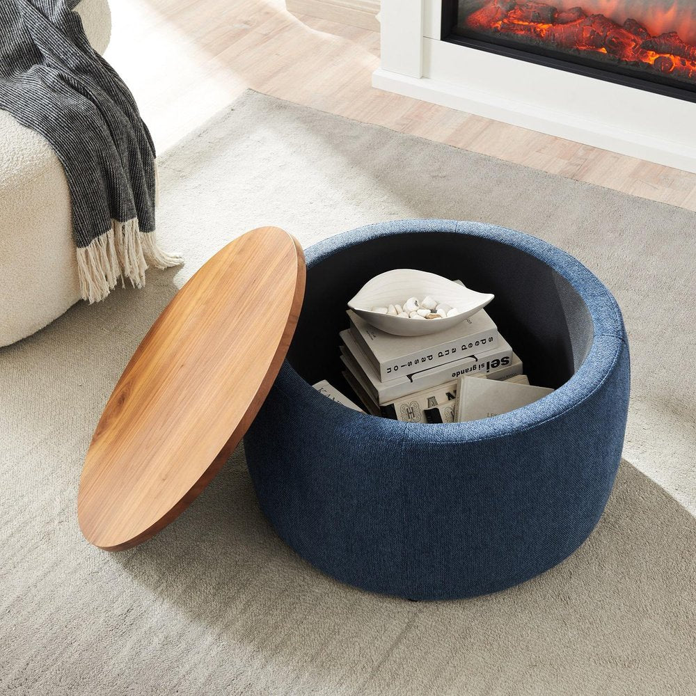 Blue and Brown Fabric and Wood Reversible Tray Top Round Storage Ottoman