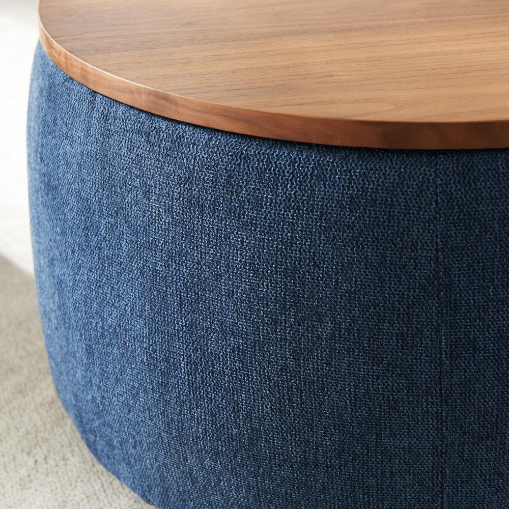 Blue and Brown Fabric and Wood Reversible Tray Top Round Storage Ottoman