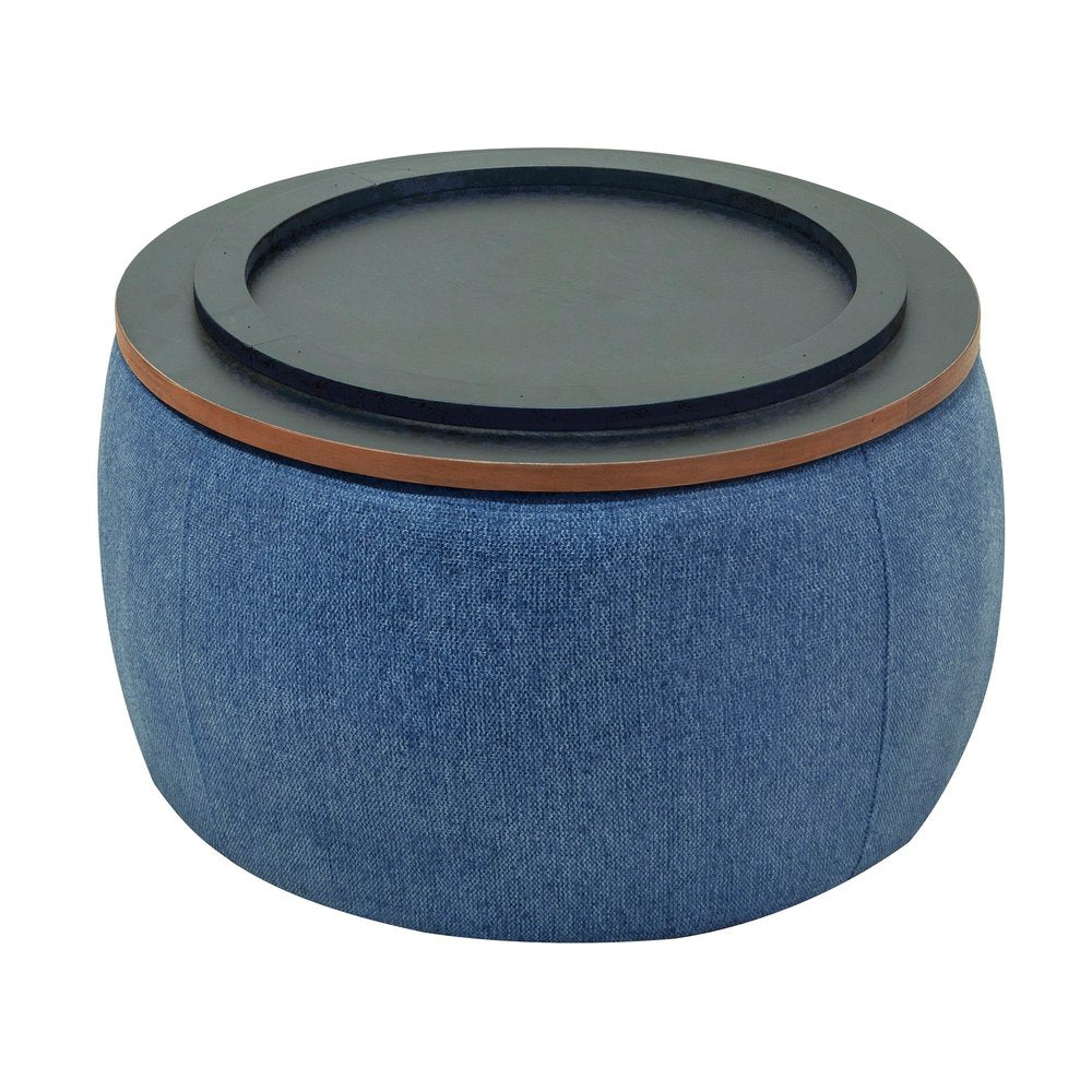 Blue and Brown Fabric and Wood Reversible Tray Top Round Storage Ottoman