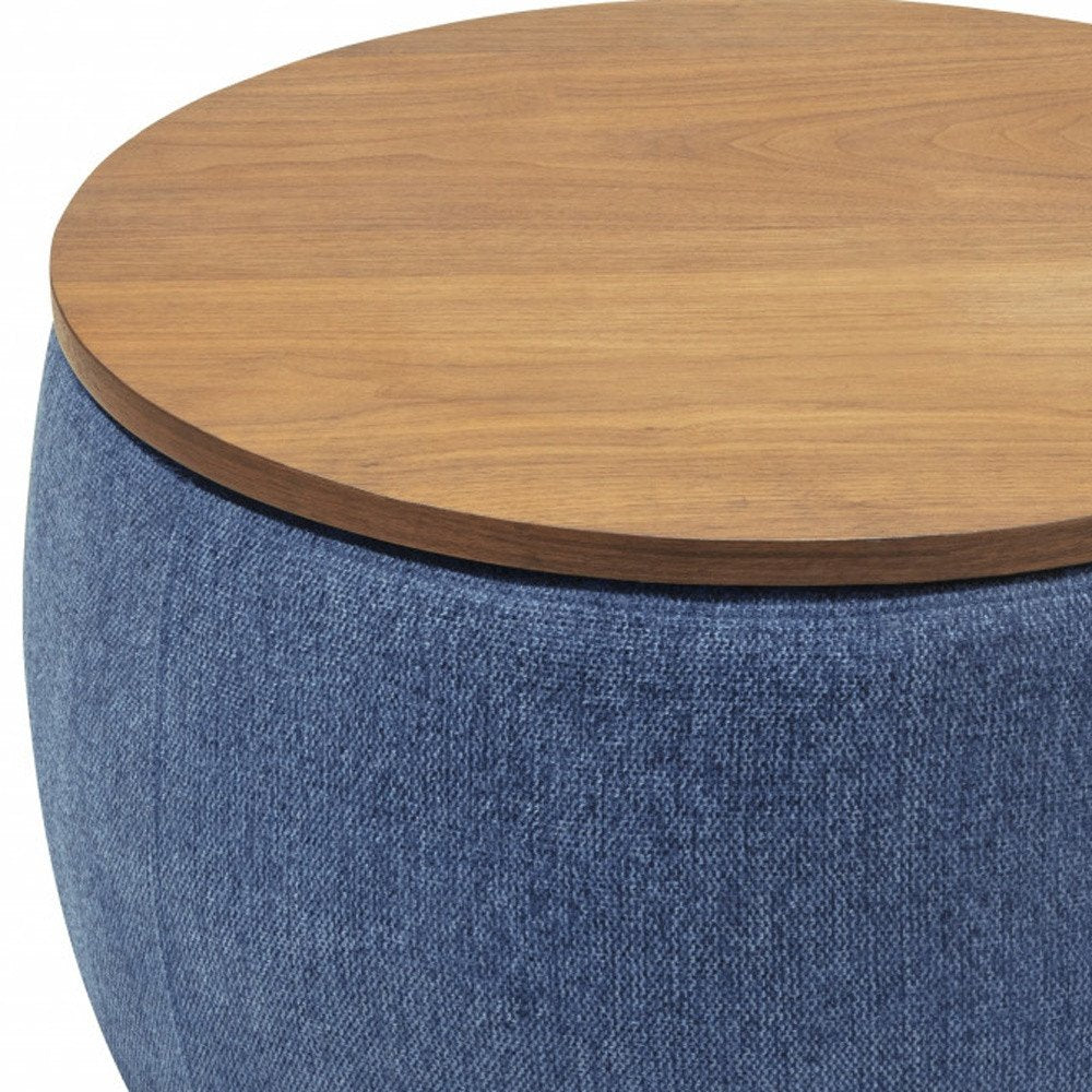 Blue and Brown Fabric and Wood Reversible Tray Top Round Storage Ottoman