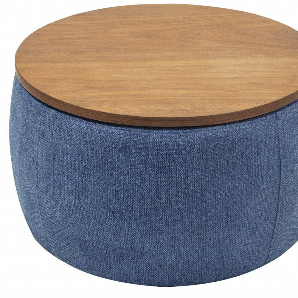 Blue and Brown Fabric and Wood Reversible Tray Top Round Storage Ottoman