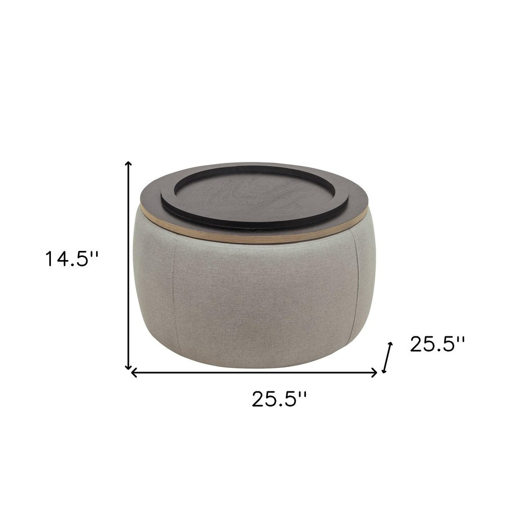 Gray and Natural Fabric and Wood Reversible Tray Top Round Storage Ottoman