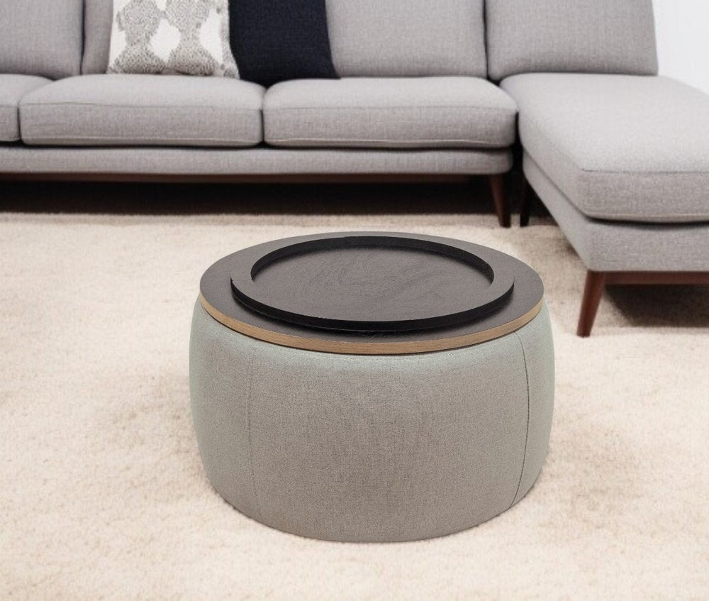 Gray and Natural Fabric and Wood Reversible Tray Top Round Storage Ottoman