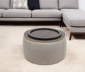 Gray and Natural Fabric and Wood Reversible Tray Top Round Storage Ottoman