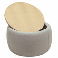 Gray and Natural Fabric and Wood Reversible Tray Top Round Storage Ottoman