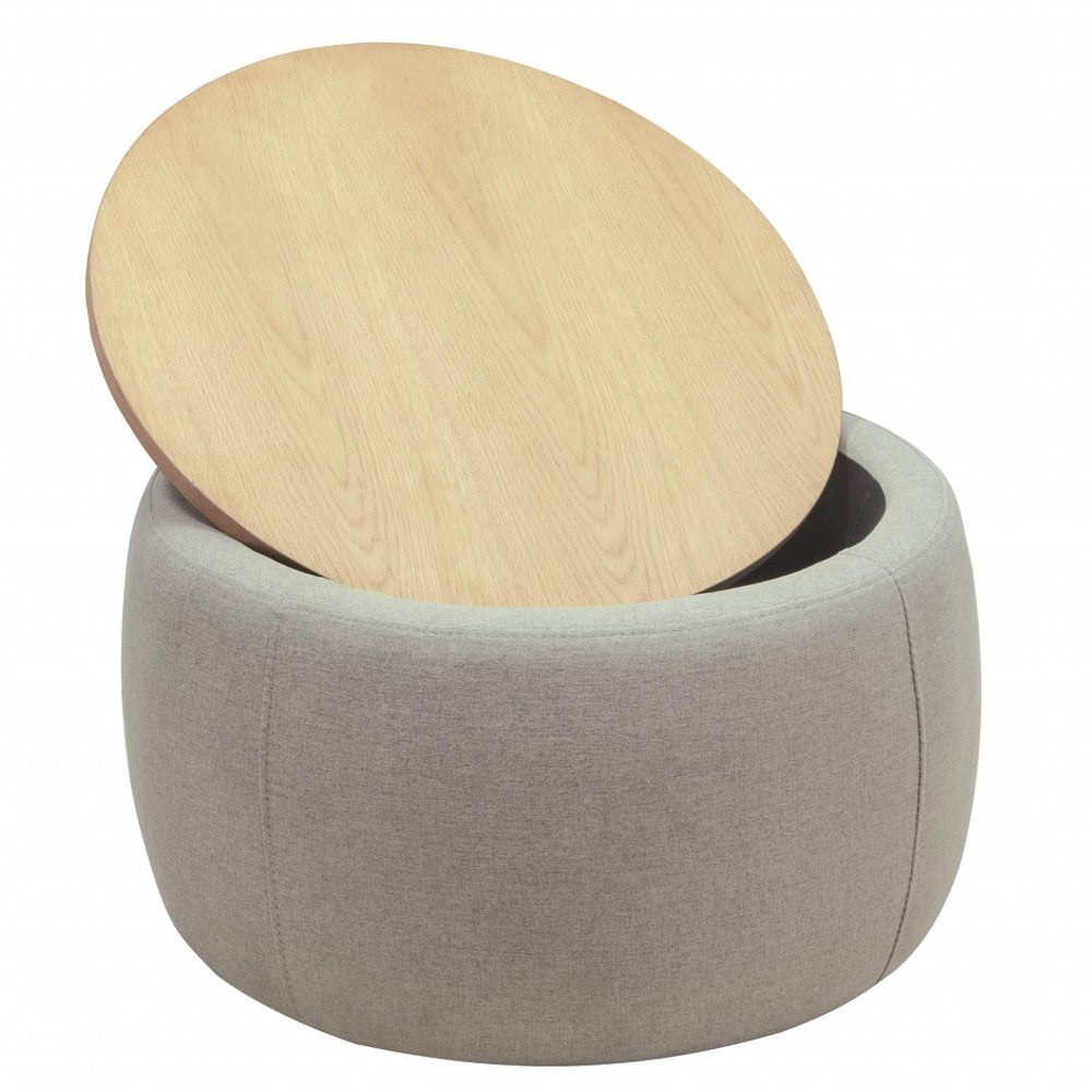 Gray and Natural Fabric and Wood Reversible Tray Top Round Storage Ottoman