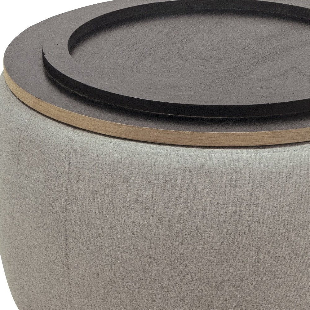 Gray and Natural Fabric and Wood Reversible Tray Top Round Storage Ottoman