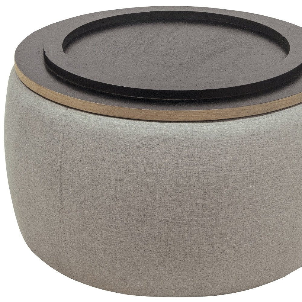 Gray and Natural Fabric and Wood Reversible Tray Top Round Storage Ottoman
