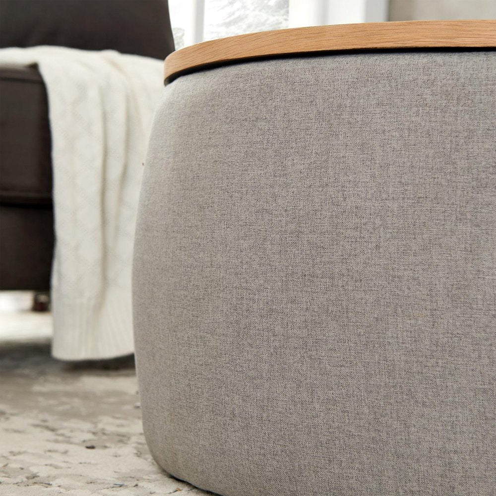 Gray and Natural Fabric and Wood Reversible Tray Top Round Storage Ottoman