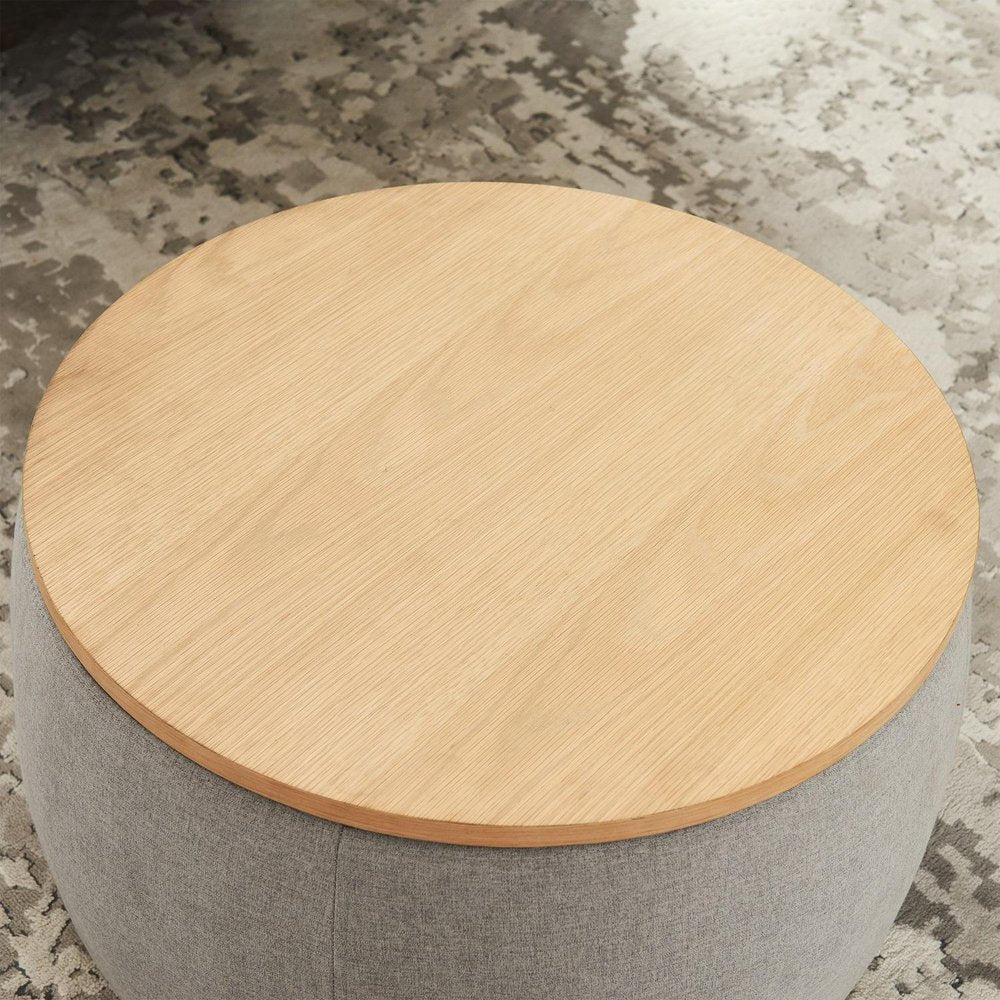 Gray and Natural Fabric and Wood Reversible Tray Top Round Storage Ottoman