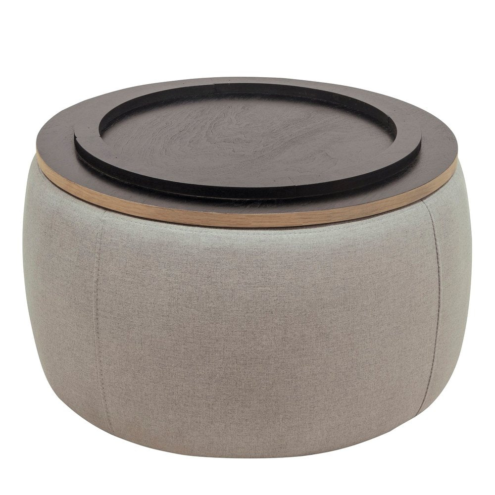Gray and Natural Fabric and Wood Reversible Tray Top Round Storage Ottoman