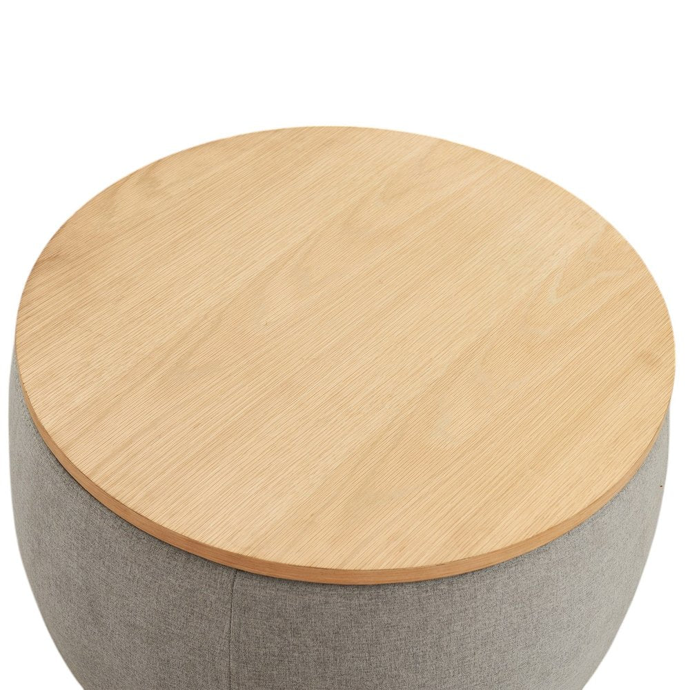 Gray and Natural Fabric and Wood Reversible Tray Top Round Storage Ottoman