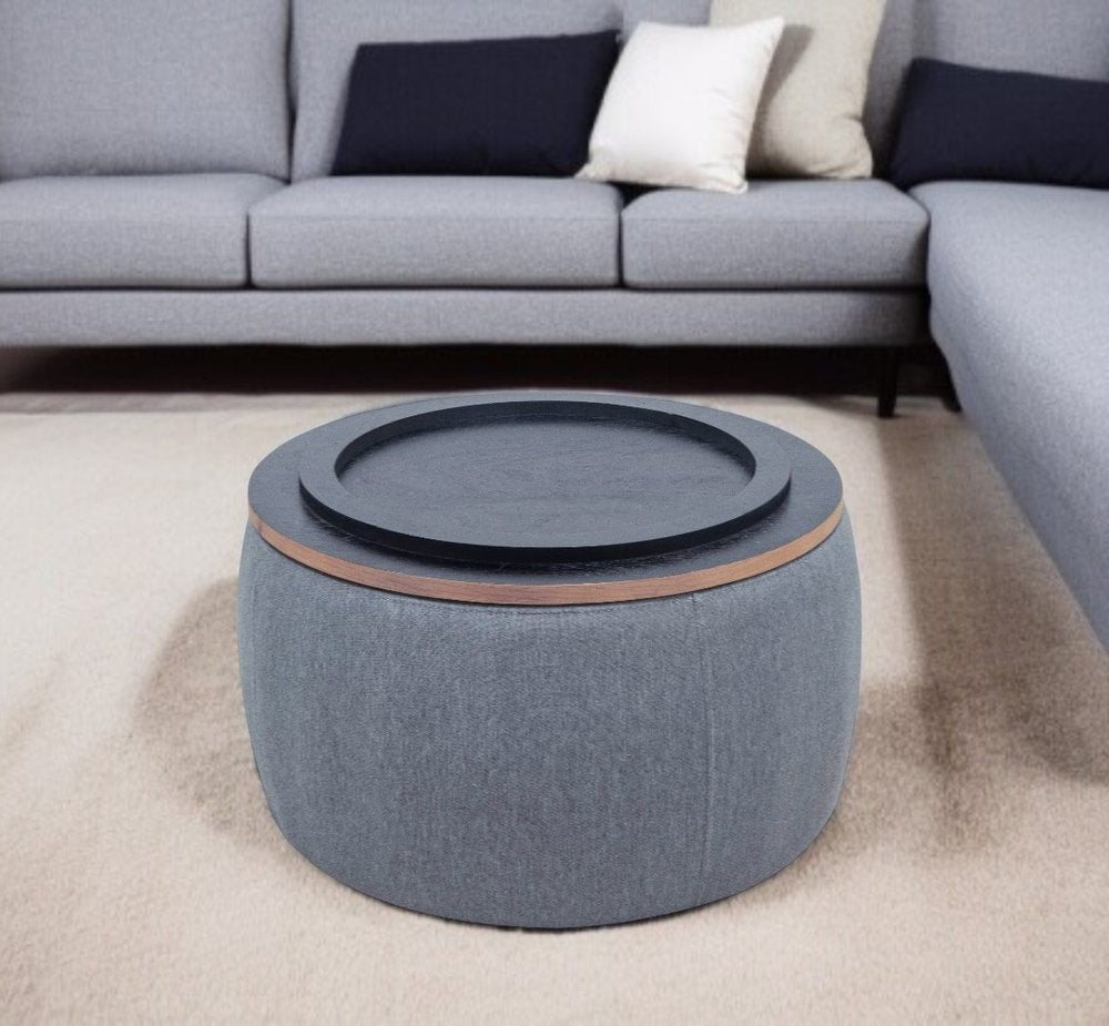 Dark Gray and Natural Fabric and Wood Reversible Tray Top Round Storage Ottoman