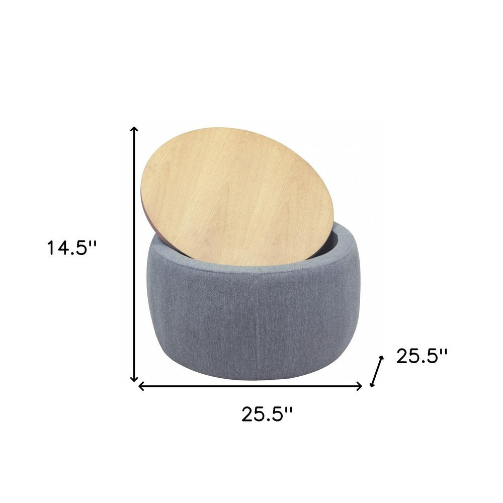 Dark Gray and Natural Fabric and Wood Reversible Tray Top Round Storage Ottoman