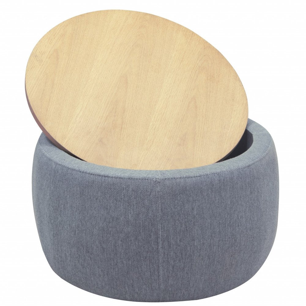 Dark Gray and Natural Fabric and Wood Reversible Tray Top Round Storage Ottoman