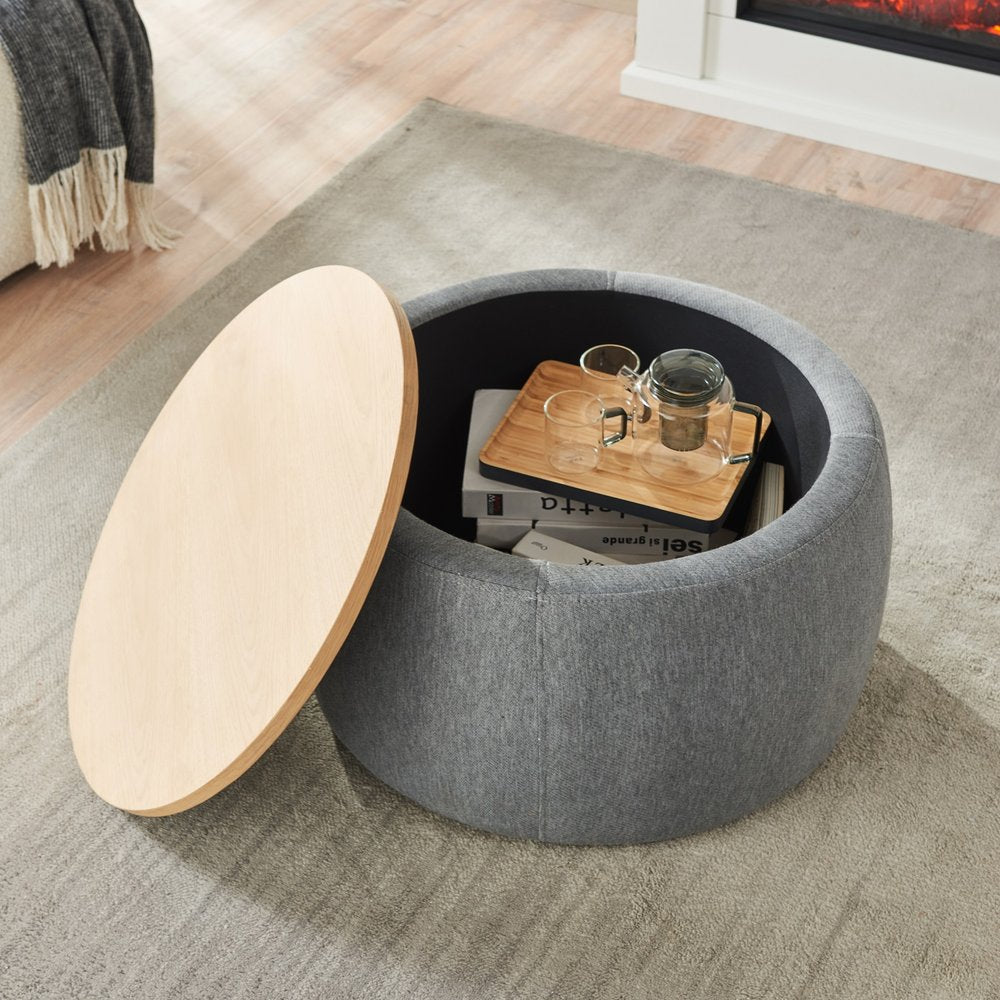 Dark Gray and Natural Fabric and Wood Reversible Tray Top Round Storage Ottoman