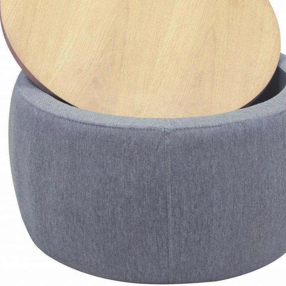 Dark Gray and Natural Fabric and Wood Reversible Tray Top Round Storage Ottoman