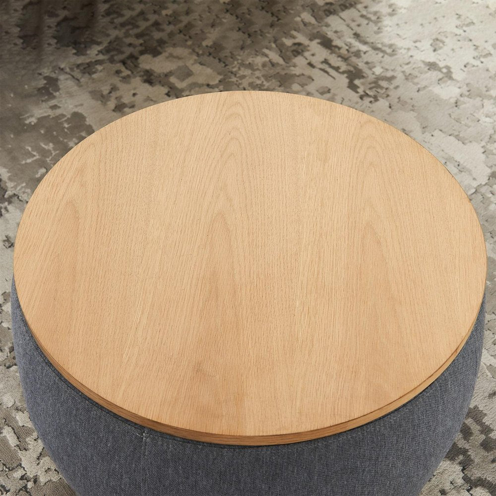 Dark Gray and Natural Fabric and Wood Reversible Tray Top Round Storage Ottoman