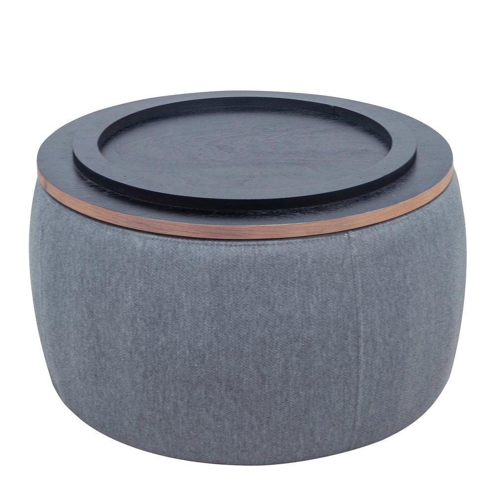Dark Gray and Natural Fabric and Wood Reversible Tray Top Round Storage Ottoman