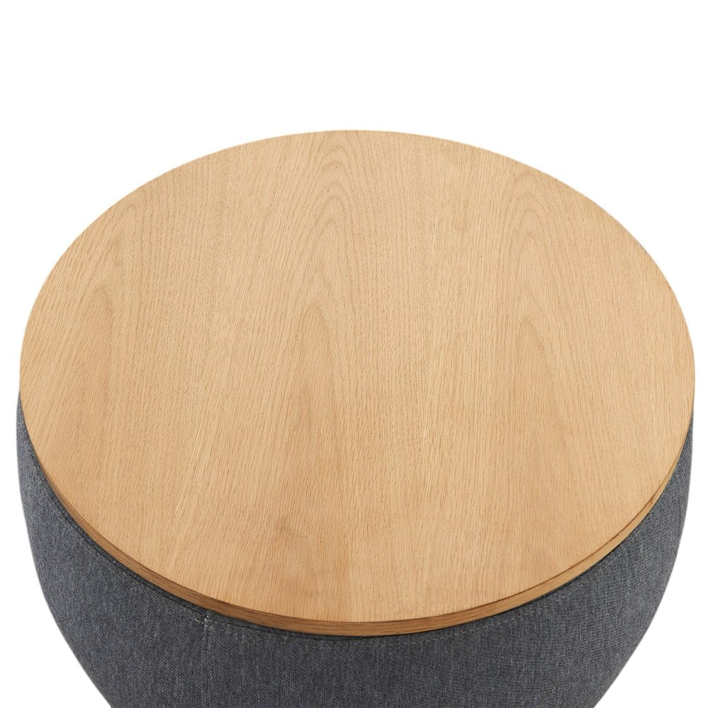 Dark Gray and Natural Fabric and Wood Reversible Tray Top Round Storage Ottoman